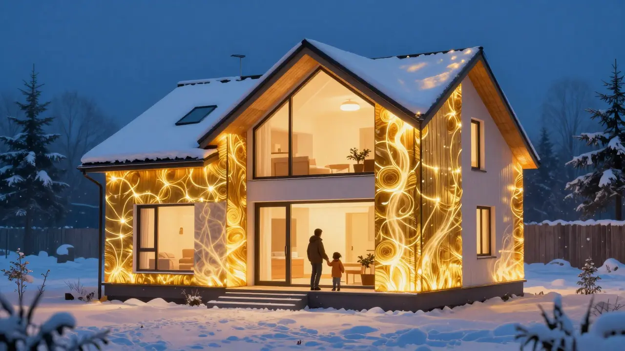 Gemütliches Haus mit warmer Beleuchtung inmitten einer kalten Schneelandschaft