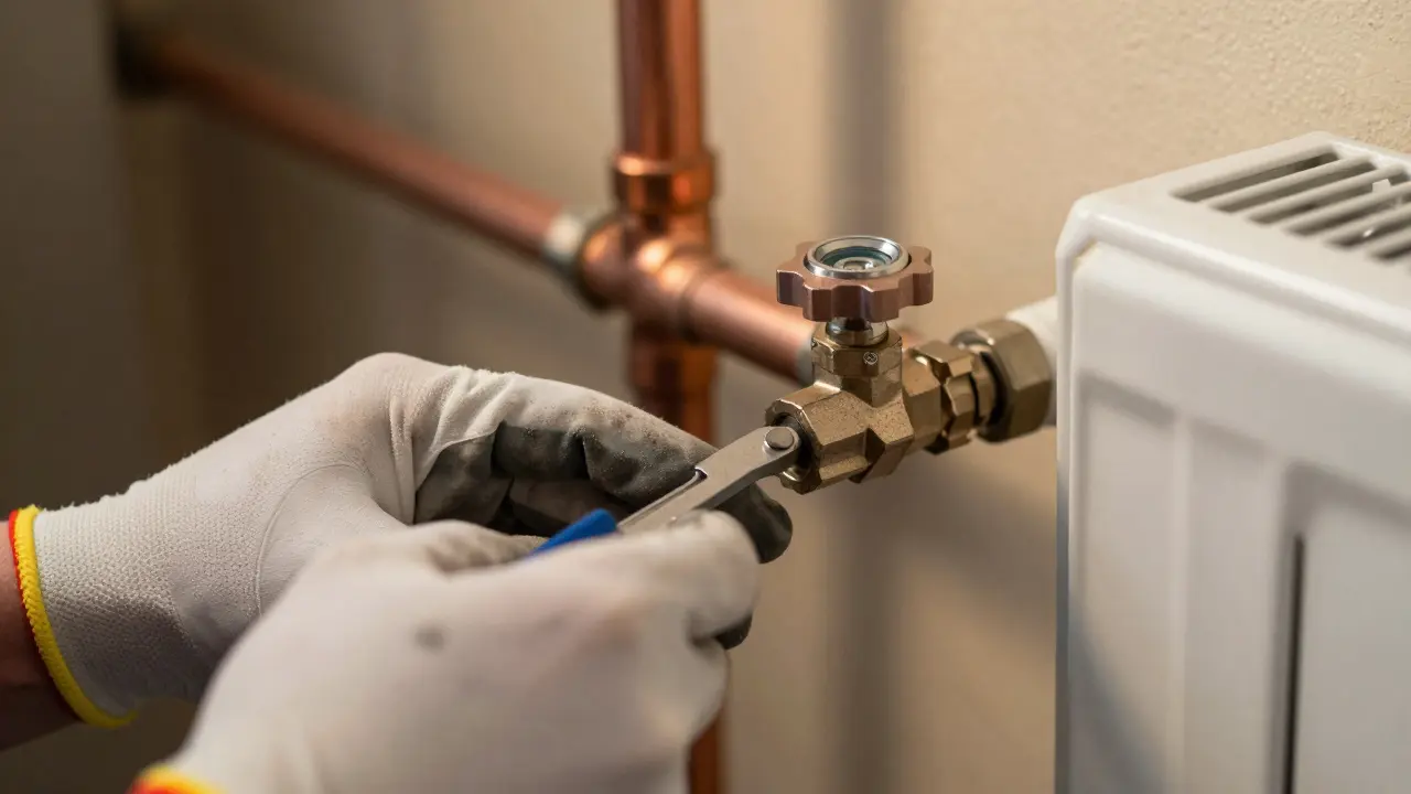 Handwerker justiert Ventil für hydraulischen Abgleich an Heizungsrohr
