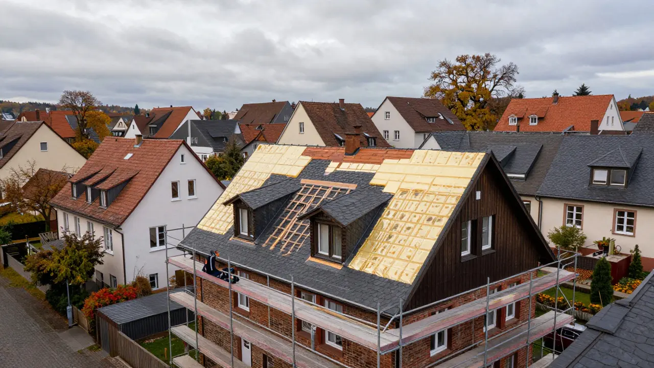 Haus mit Gerüst für Dachsanierung in einer deutschen Wohngegend