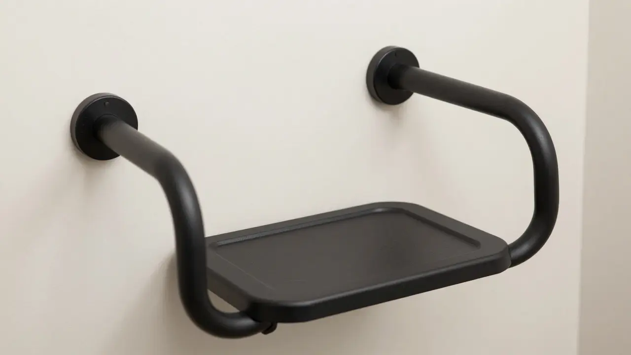 Klappsitz und kontrastreiche Haltegriffe an der Wand einer barrierefreien Dusche