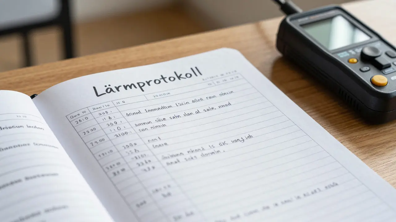 Lärmprotokoll-Notizbuch und Schallpegelmesser auf dem Tisch