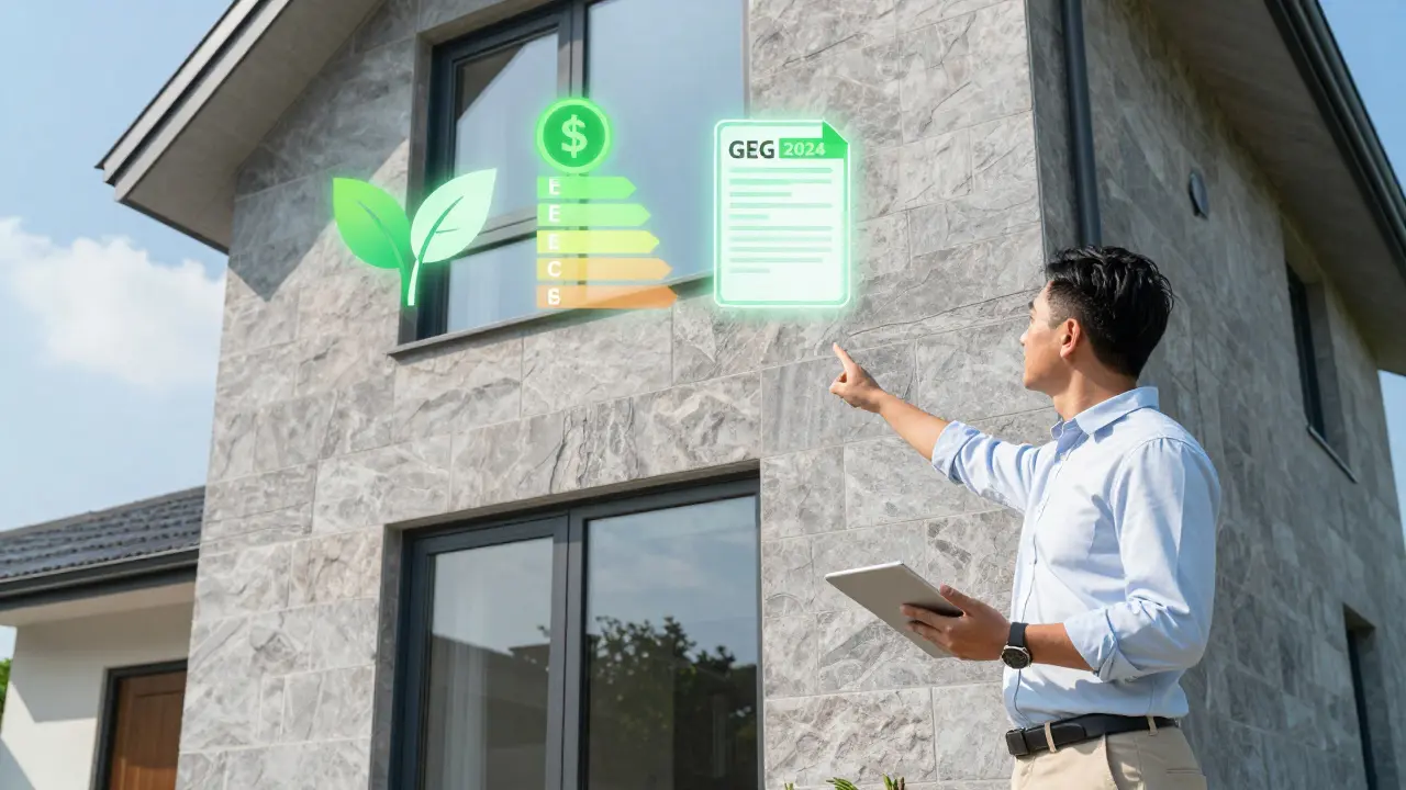 Moderne gedämmte Fassade mit Symbolen für Energieeffizienz und Förderung