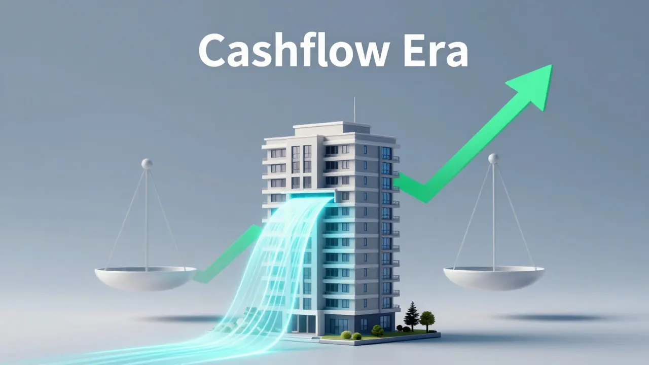 Modernes Wohngebäude mit Symbolen für stabile Cashflows und ESG