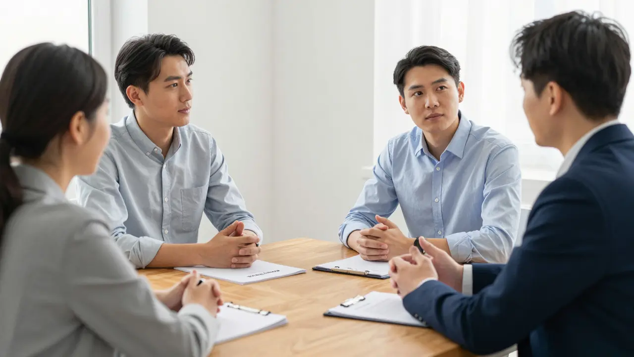 Nachbarn besprechen Hausordnung in Mediation