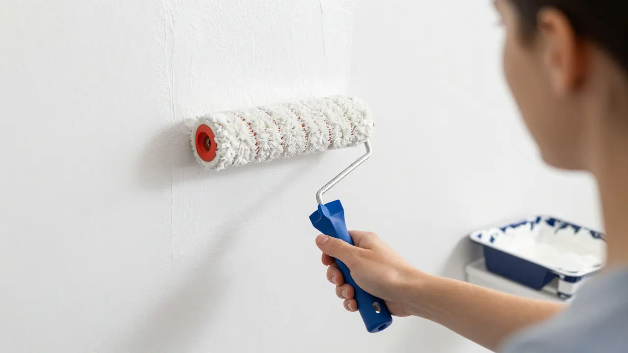 Nahaufnahme von Händen, die eine Wand mit der Rolle streichen