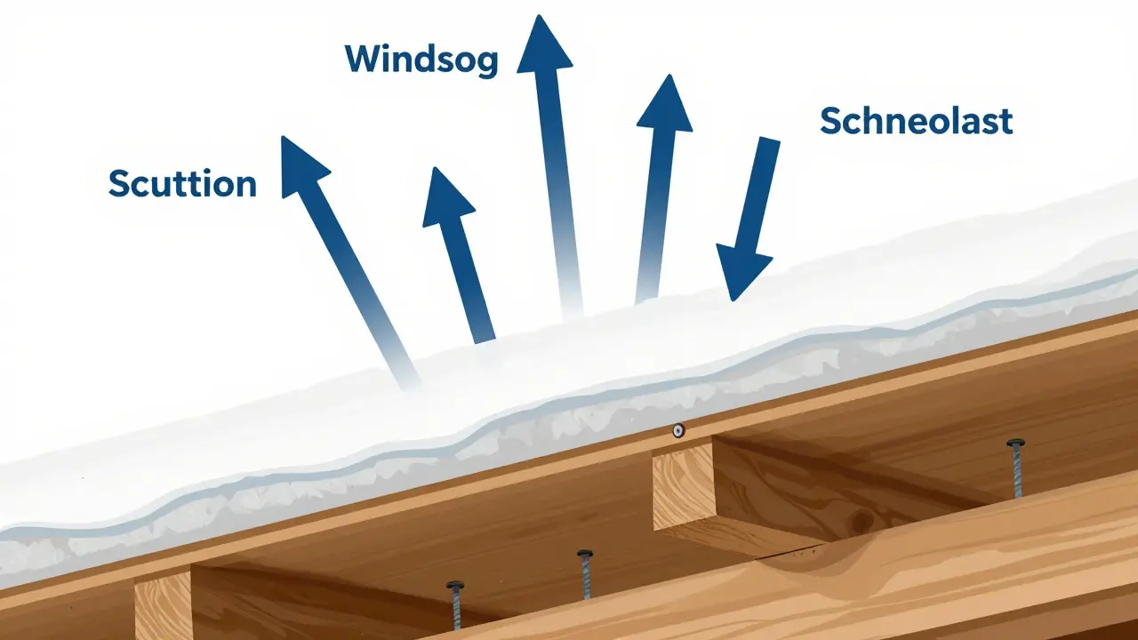 Schematische Darstellung von Wind- und Schneelasten auf einem Dach