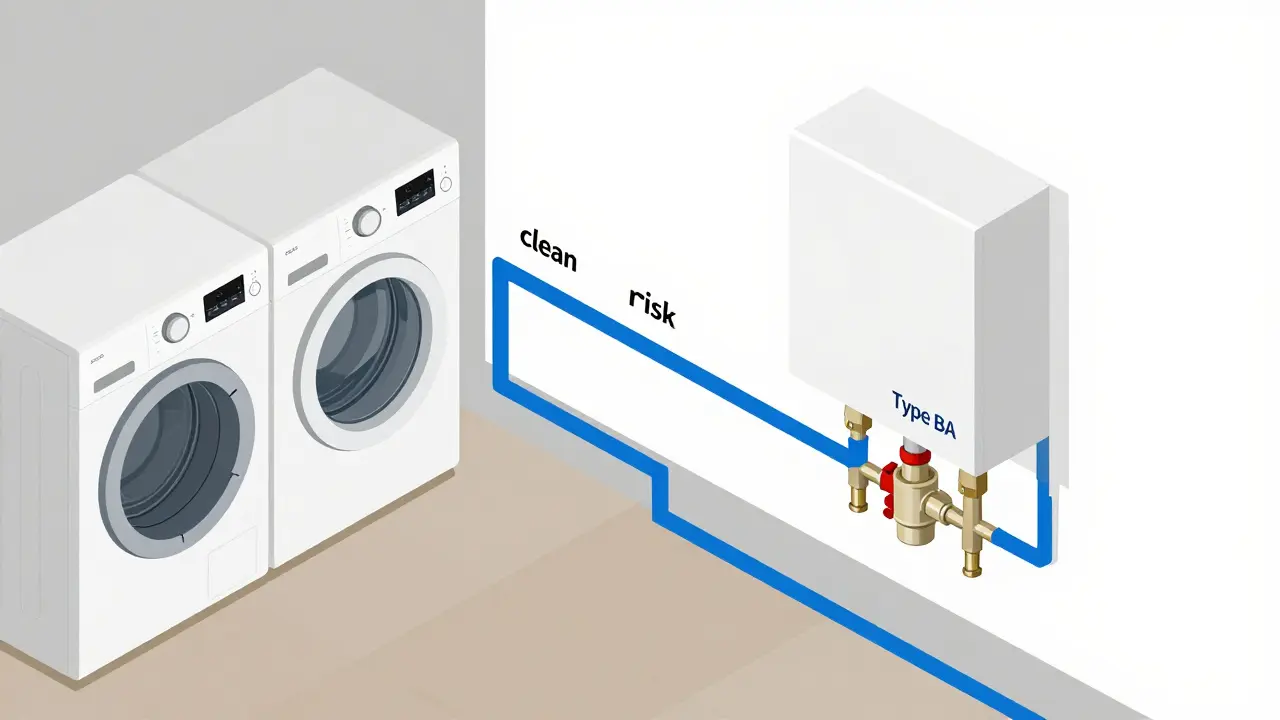 Schnittzeichnung eines Hauses mit verschiedenen Ventilen zur Wasserschutzabsicherung