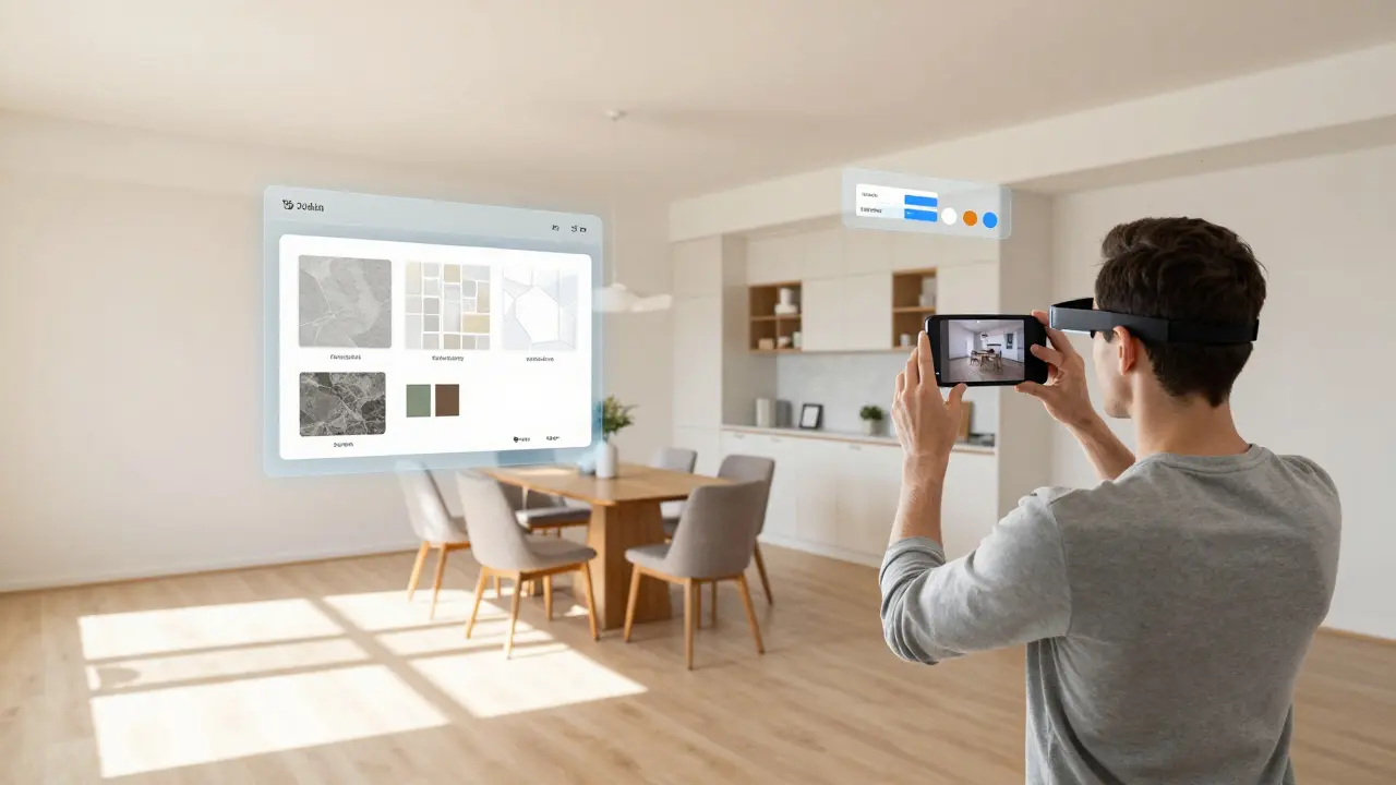 Augmented Reality zeigt virtuelle Möbel im leeren Raum zur Planung