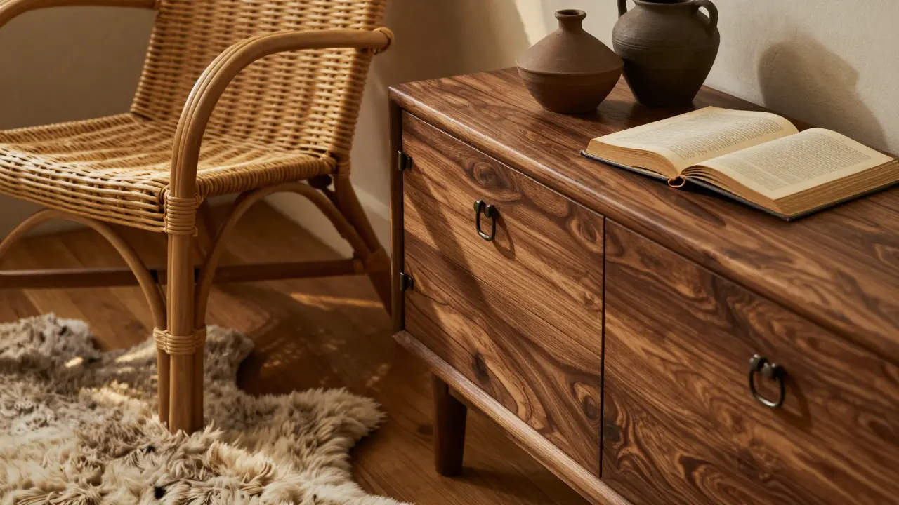 Detailaufnahme von Naturmaterialien wie Rattan, Holz und Keramik