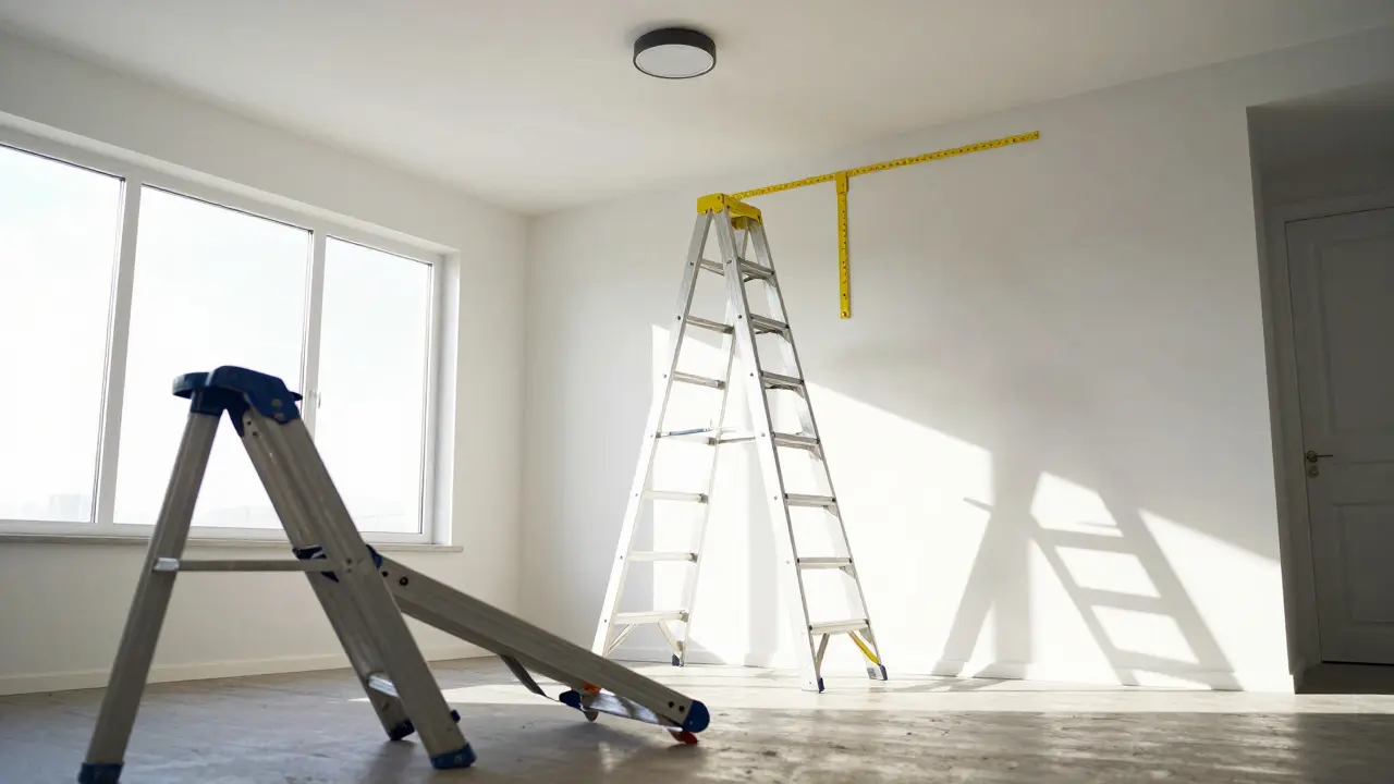Fiberglas-Leiter korrekt positioniert für sichere Arbeiten an Deckenleuchte