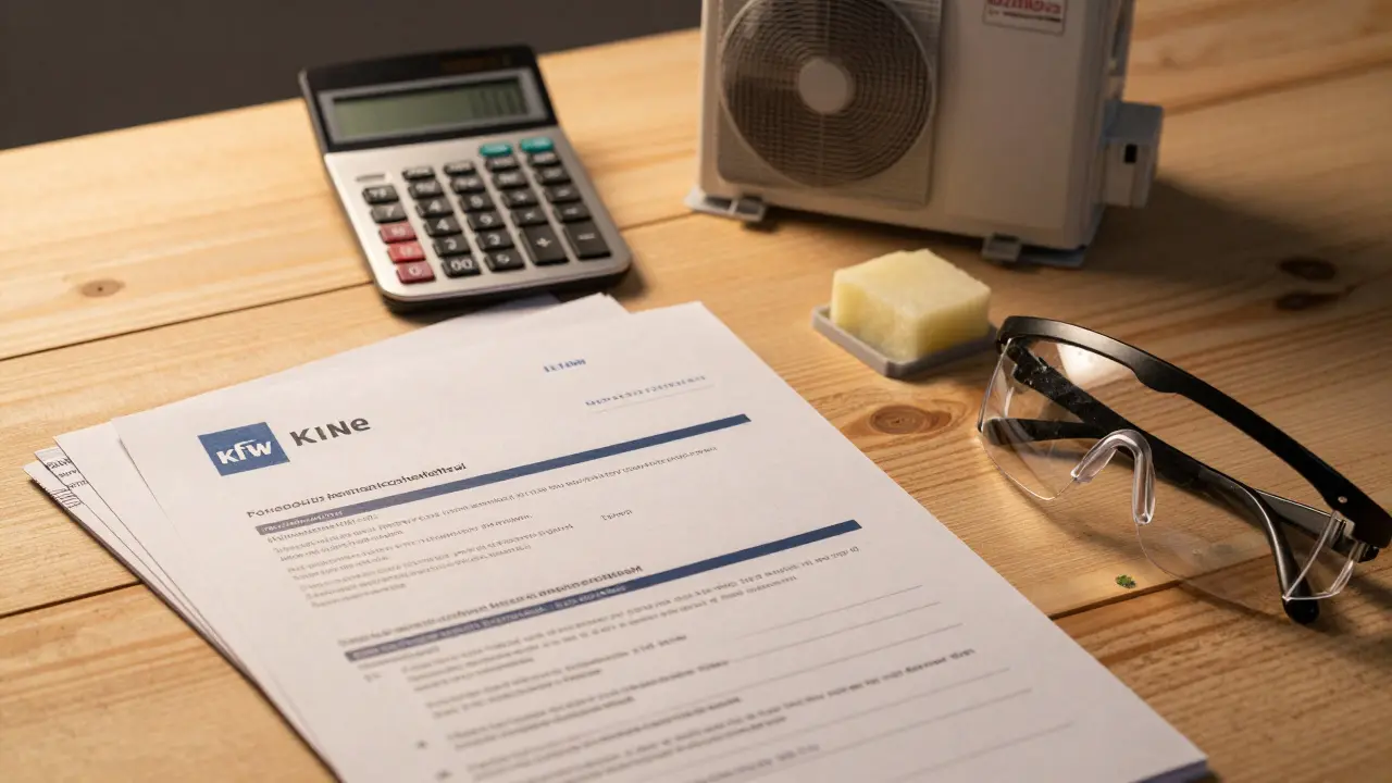 Finanzdokumente und Renovierungsmaterialien auf einem Tisch