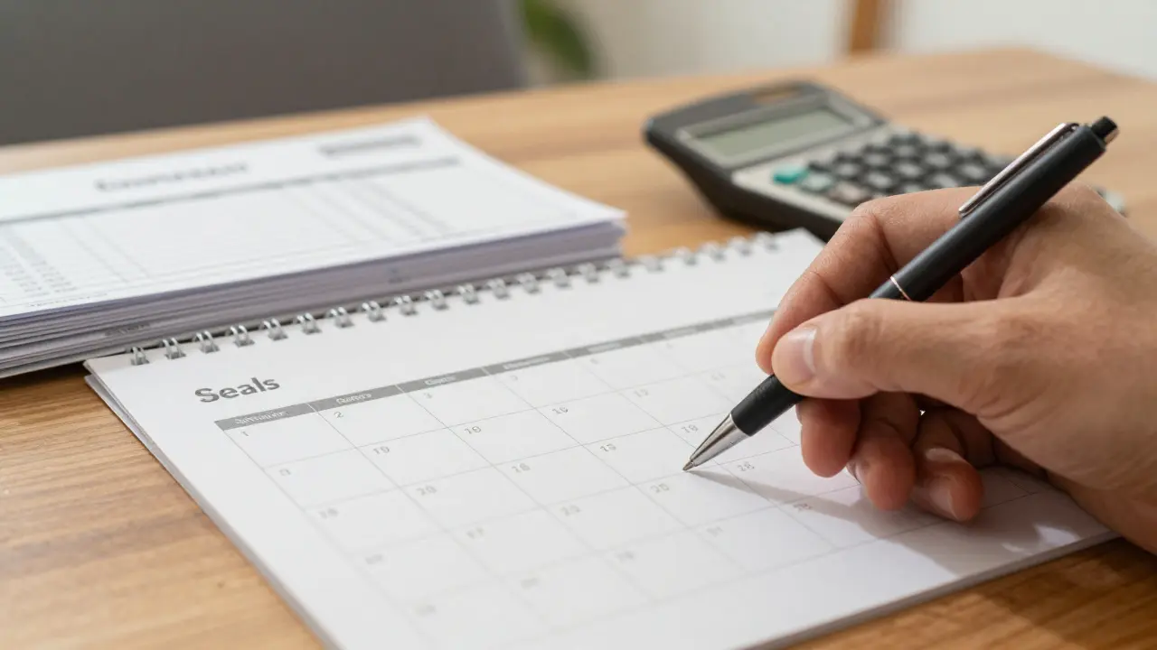 Hausbesitzer plant Wartungstermine am Kalender mit Rechnungen, um Reparaturkosten vorzubereiten.