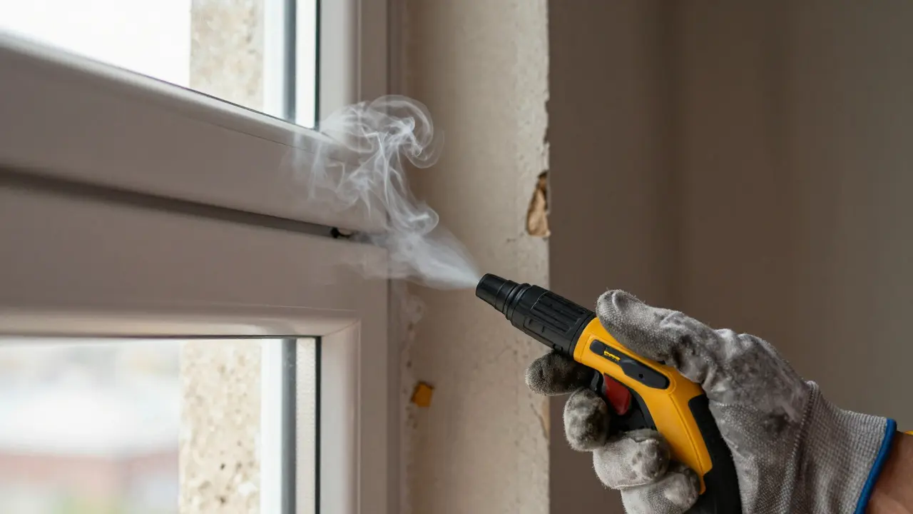 Inspektor prüft Fensterfuge mit Rauchmaschine auf Undichtigkeiten