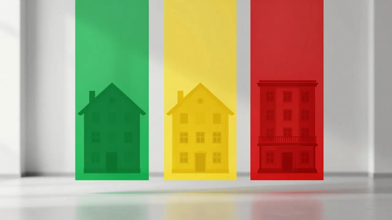 Konzeptillustration Ampelmodell für Asbestgesetze: Grün, Gelb und Rot