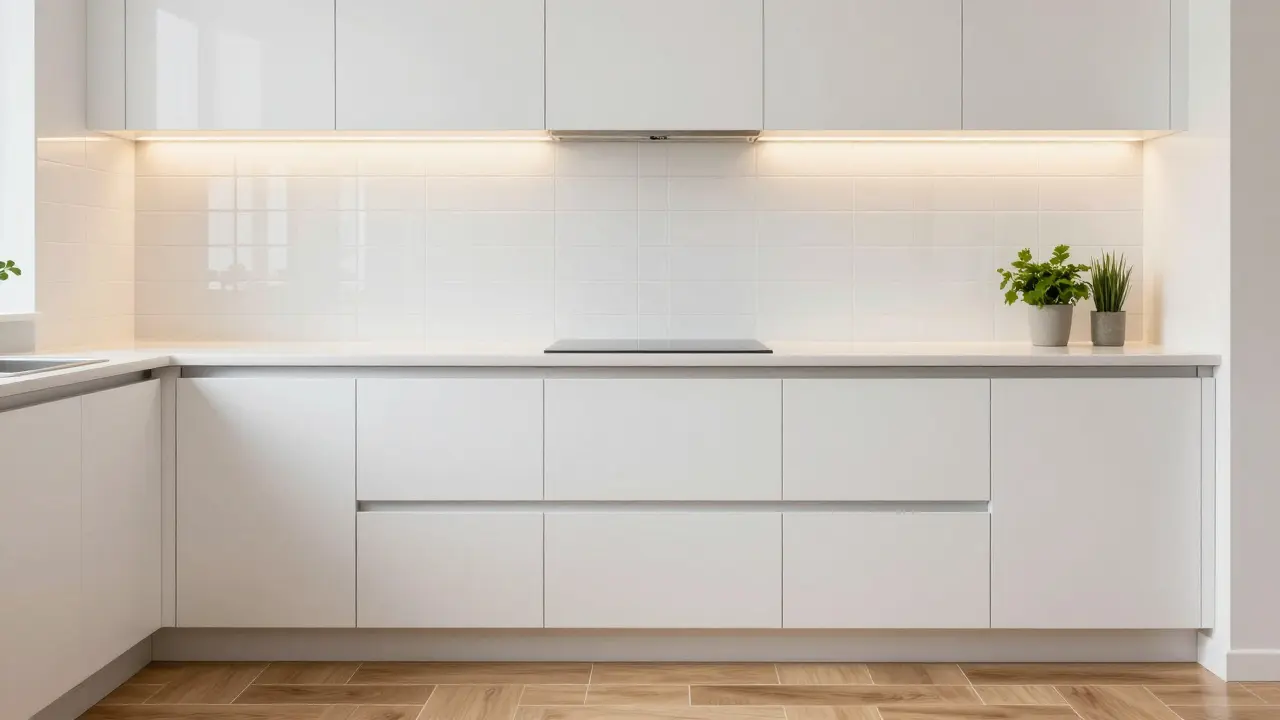 Moderne Küche mit neu verlegten großen Wandfliesen und Holzoptik-Bodenbelag