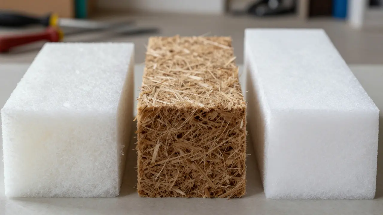 Nahaufnahme verschiedener Dämmmaterialien: Steinwolle, Holzfaser und Polystyrol