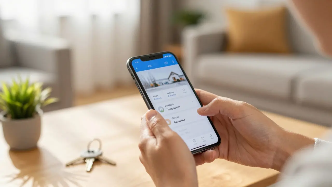 Person prüft auf dem Smartphone die Immobilienfinanzierung