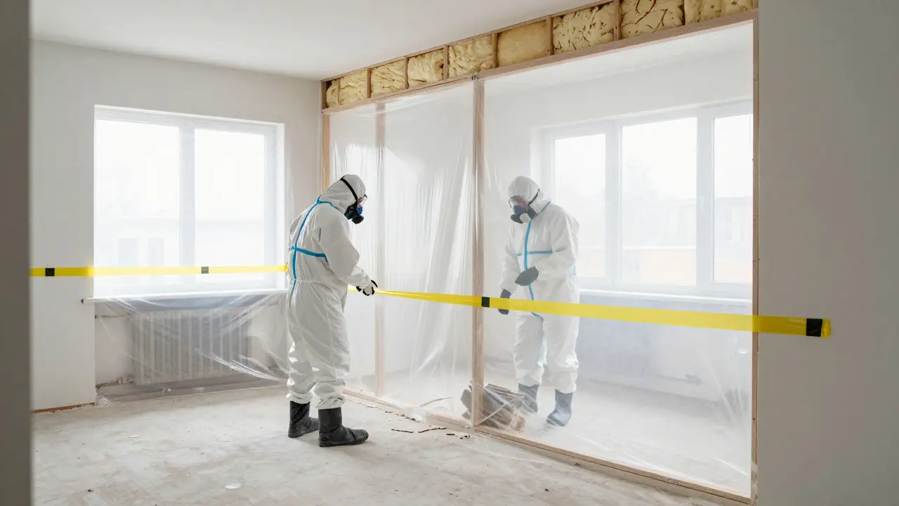 Professionelle Arbeiter in Schutzanzügen bei der Asbestsanierung