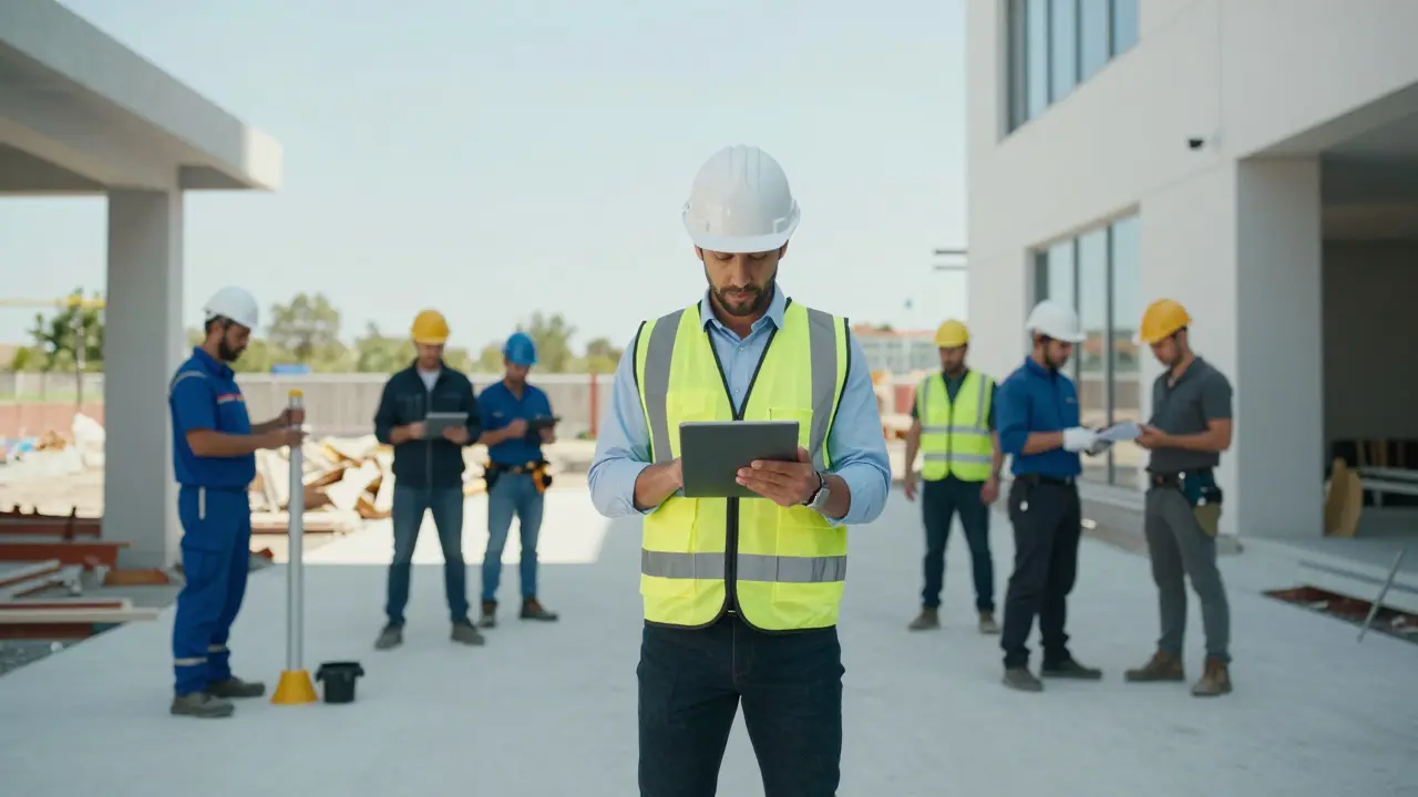 Project manager coordinating synchronized workers at tidy build site