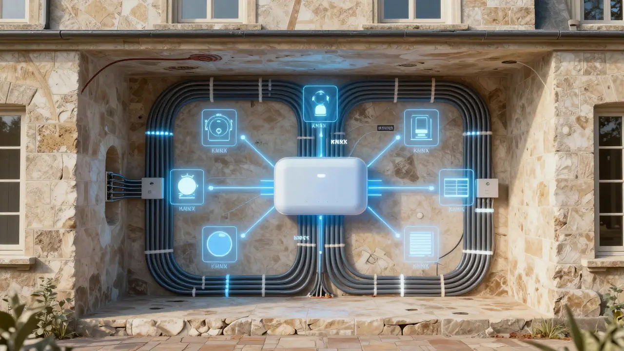Schnittmodell eines Hauses mit sichtbarer Smart-Home-Vernetzung und KNX-Kabeln