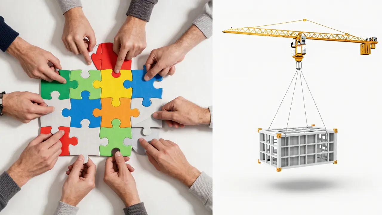 Split view comparing complex individual tasks vs unified construction