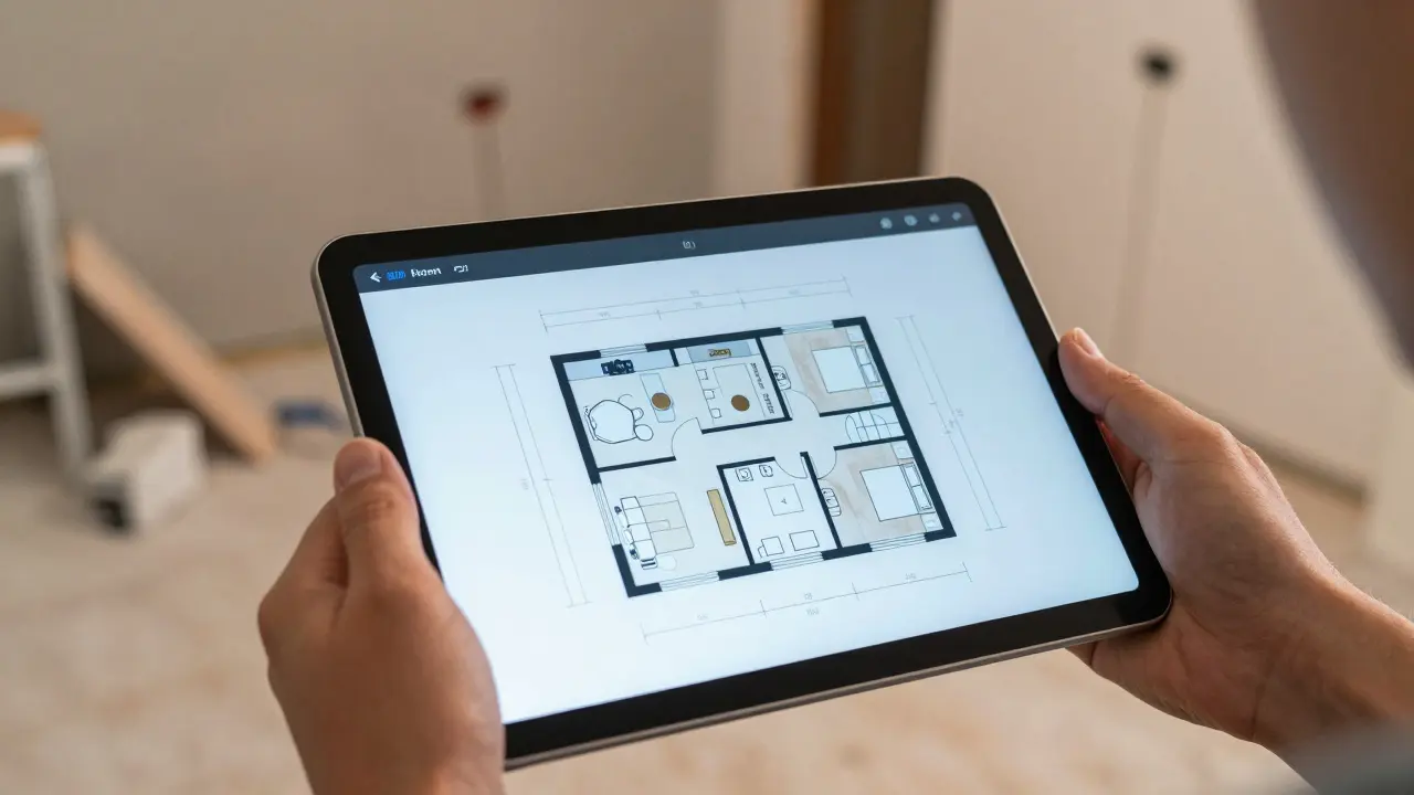 Tablet mit 3D-Raumplan vor renovierungsbedürftigem Wohnzimmerhintergrund
