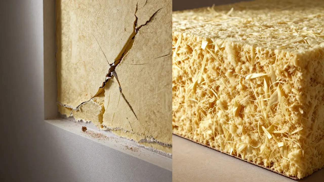 Vergleich von alternder Styropordämmung mit Rissen und langlebiger Mineralwolle-Dämmung im Querschnitt.