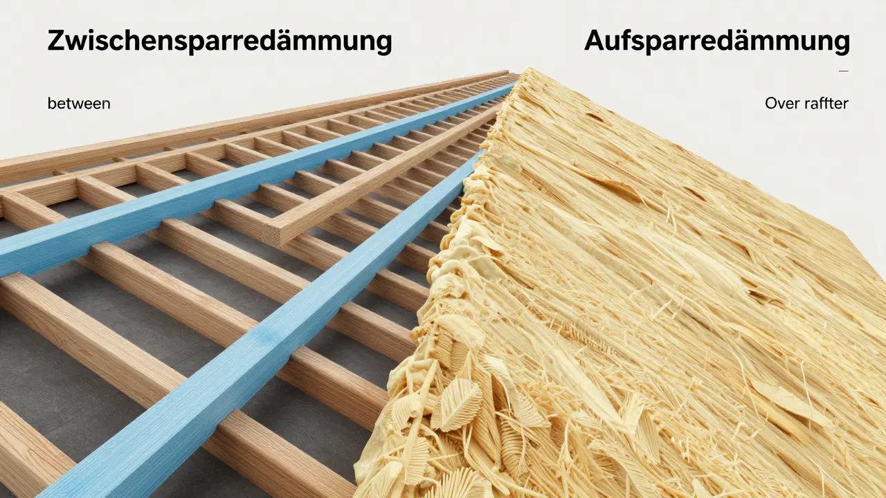 Vergleich von Aufsparren- und Zwischensparrendämmung im Dachquerschnitt