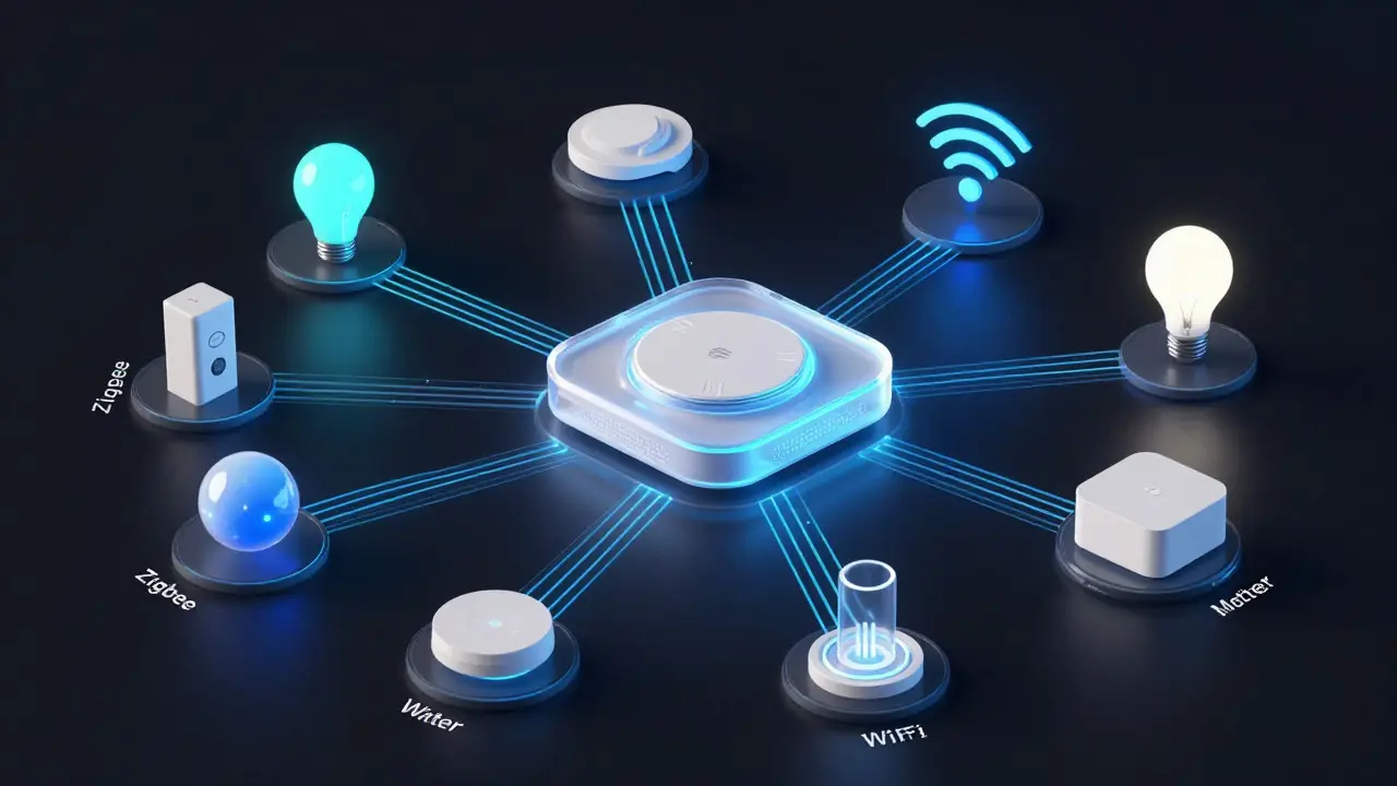 Abstrakte Darstellung vernetzter Smart-Home-Protokolle wie Zigbee und Matter