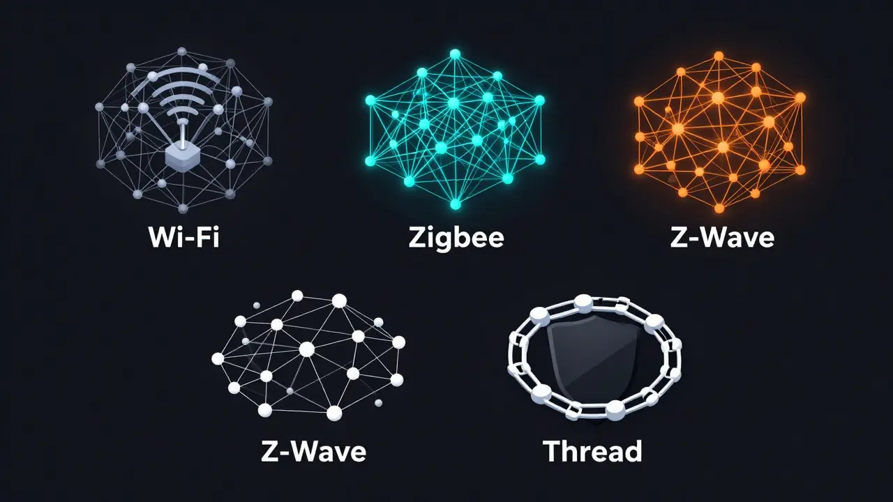 Abstrakte Visualisierung der Mesh-Netzwerke von Zigbee und Thread im Vergleich zu WLAN
