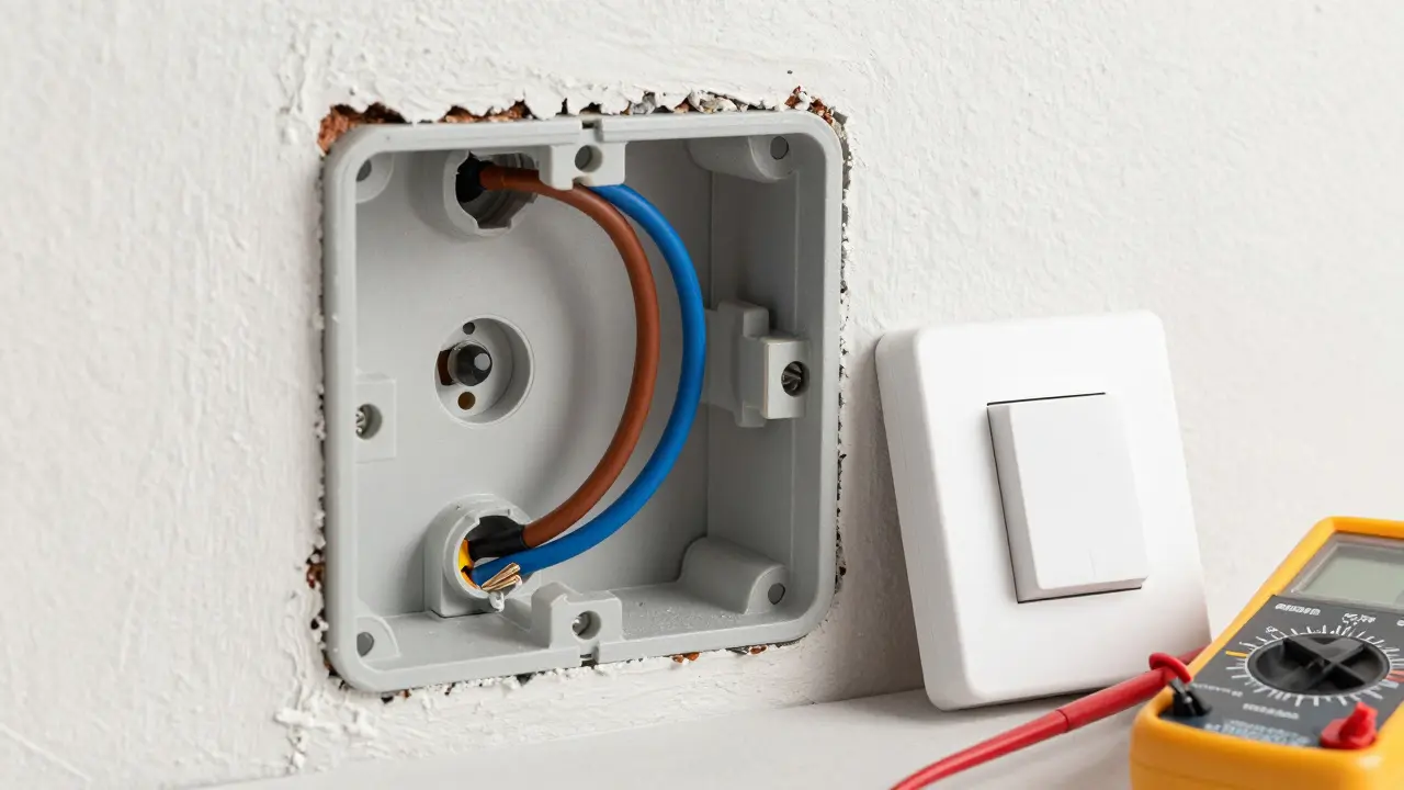 Elektrische Wanddose mit Kabeln und Multimeter zur Installation