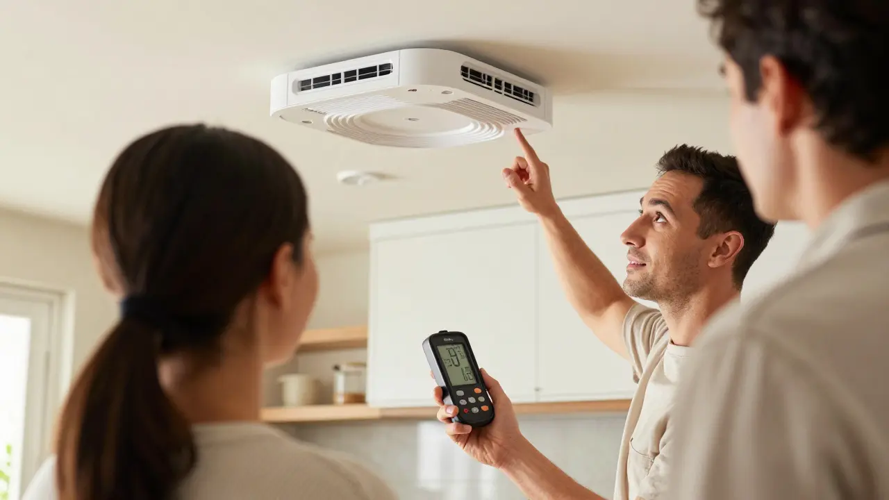 Energieberater prüft Luftfeuchtigkeit mit Hygrometer im Wohnzimmer