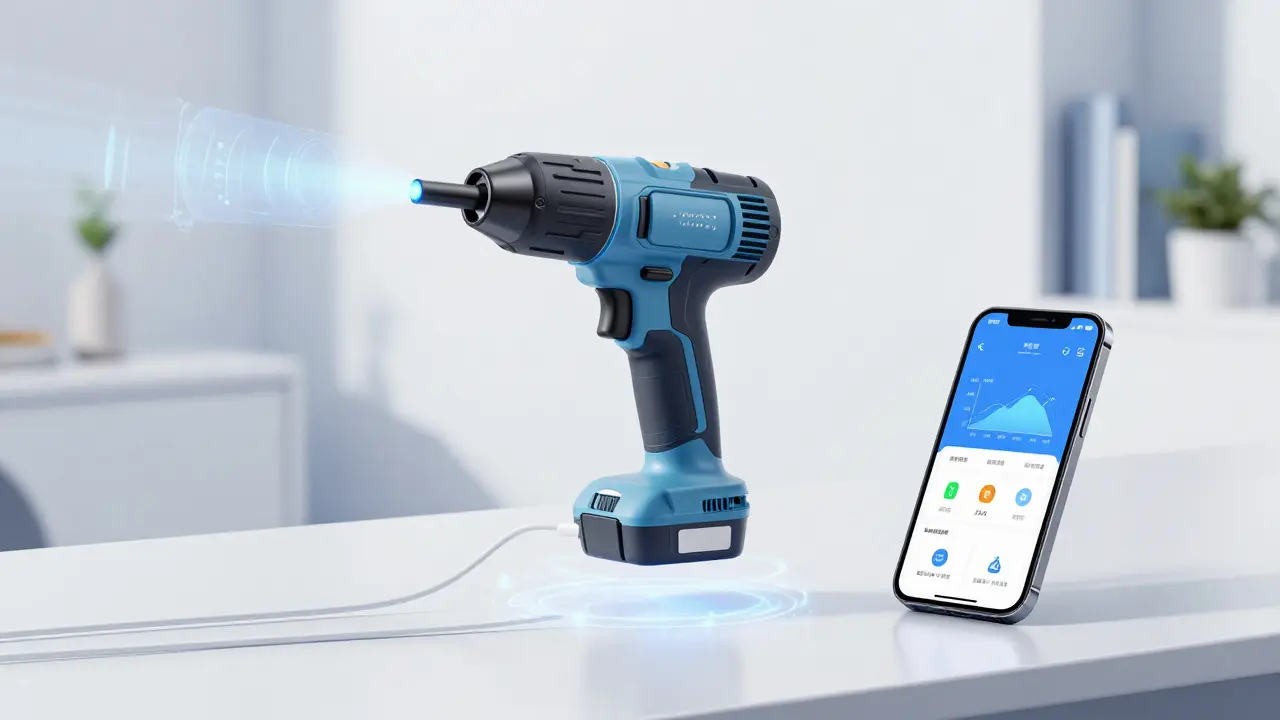 Futuristisches Elektrowerkzeug mit holografischer App-Verbindung zur Wartung