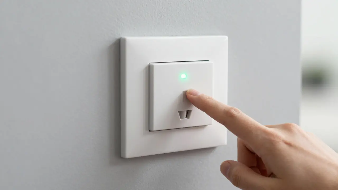 Hand betätigt einen modernen intelligenten Lichtschalter an einer Wand