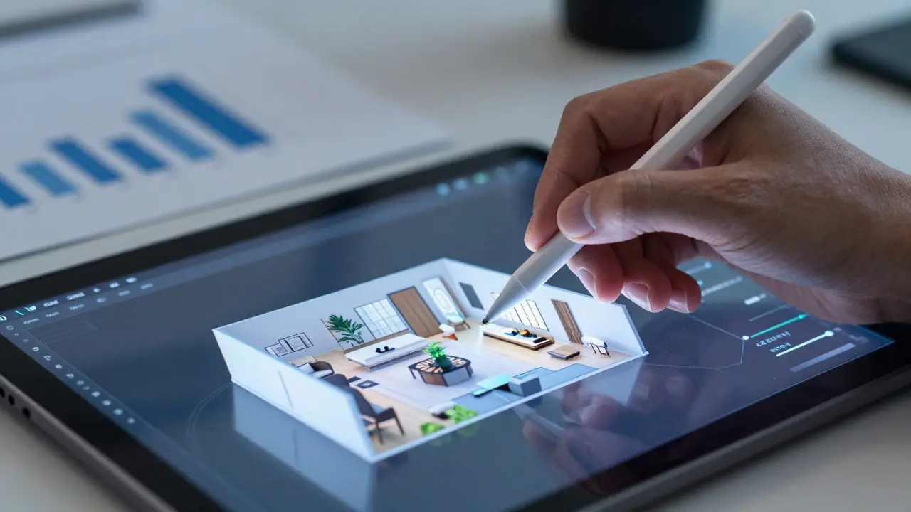 Hand mit Stylus bei AR-Immobilienvisualisierung auf Tablet