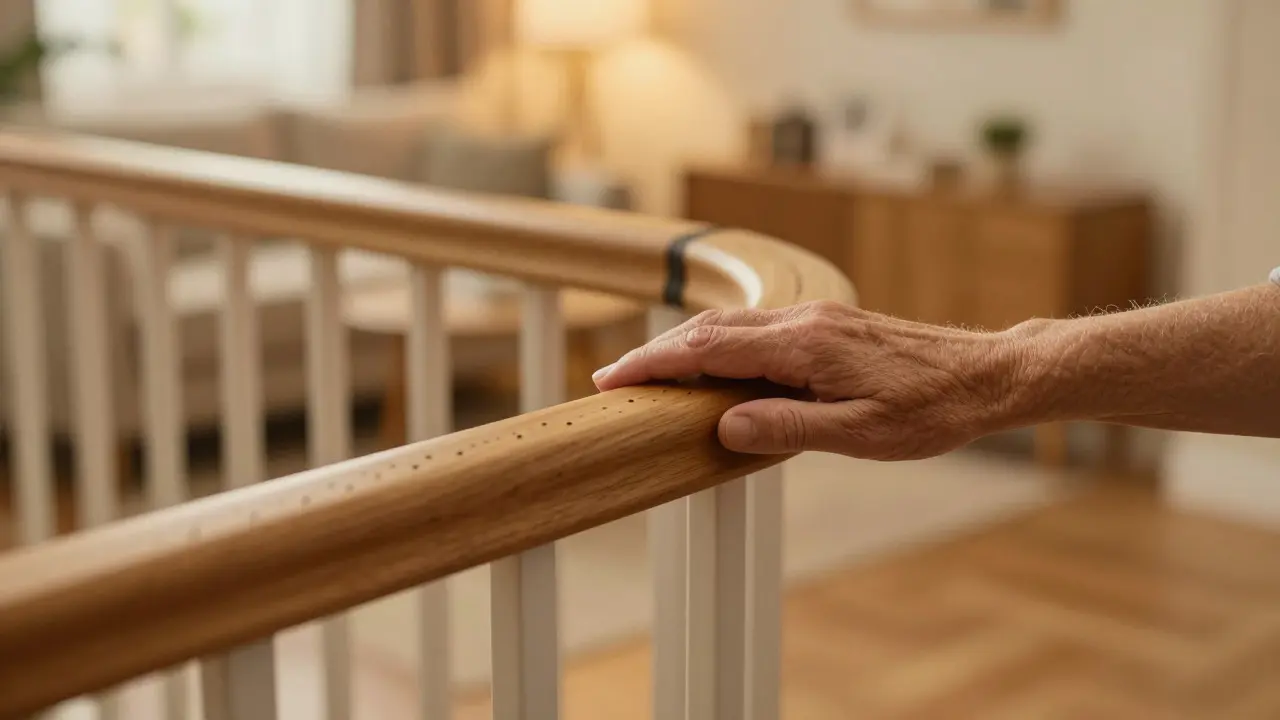 Hand ruht auf einem durchgehenden Handlauf mit Brailleschrift und Kontrastkante