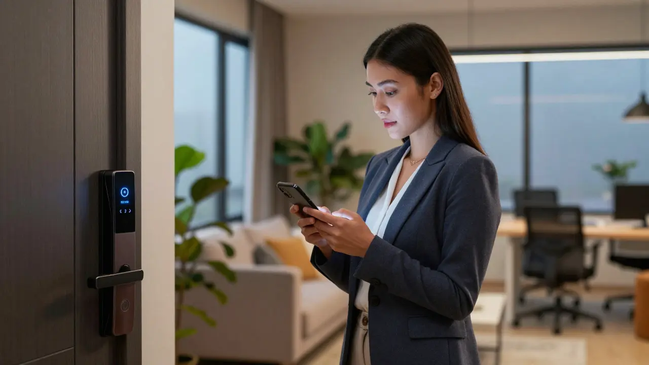 Junge Frau steuert Smart-Home-System in hybrider Wohnung