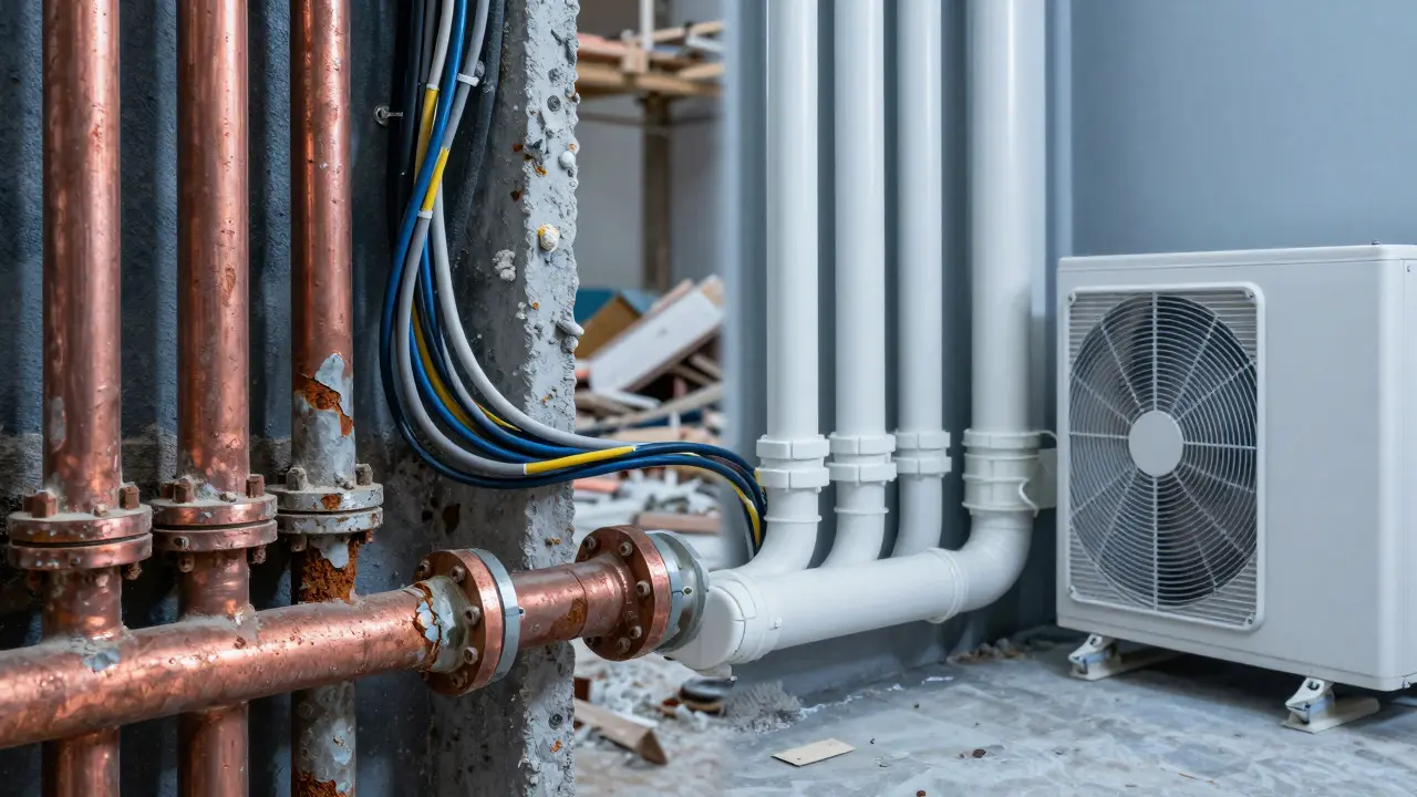 Kontrast zwischen alten Leitungen und neuer Haustechnik bei Sanierung.