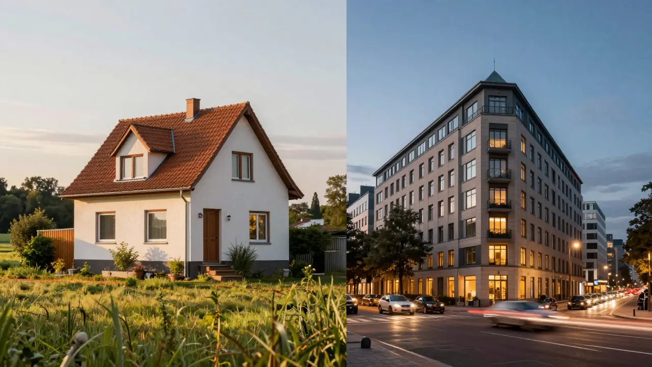 Kontrast zwischen ländlichem Haus und städtischem Altbau zur Investitionsbewertung