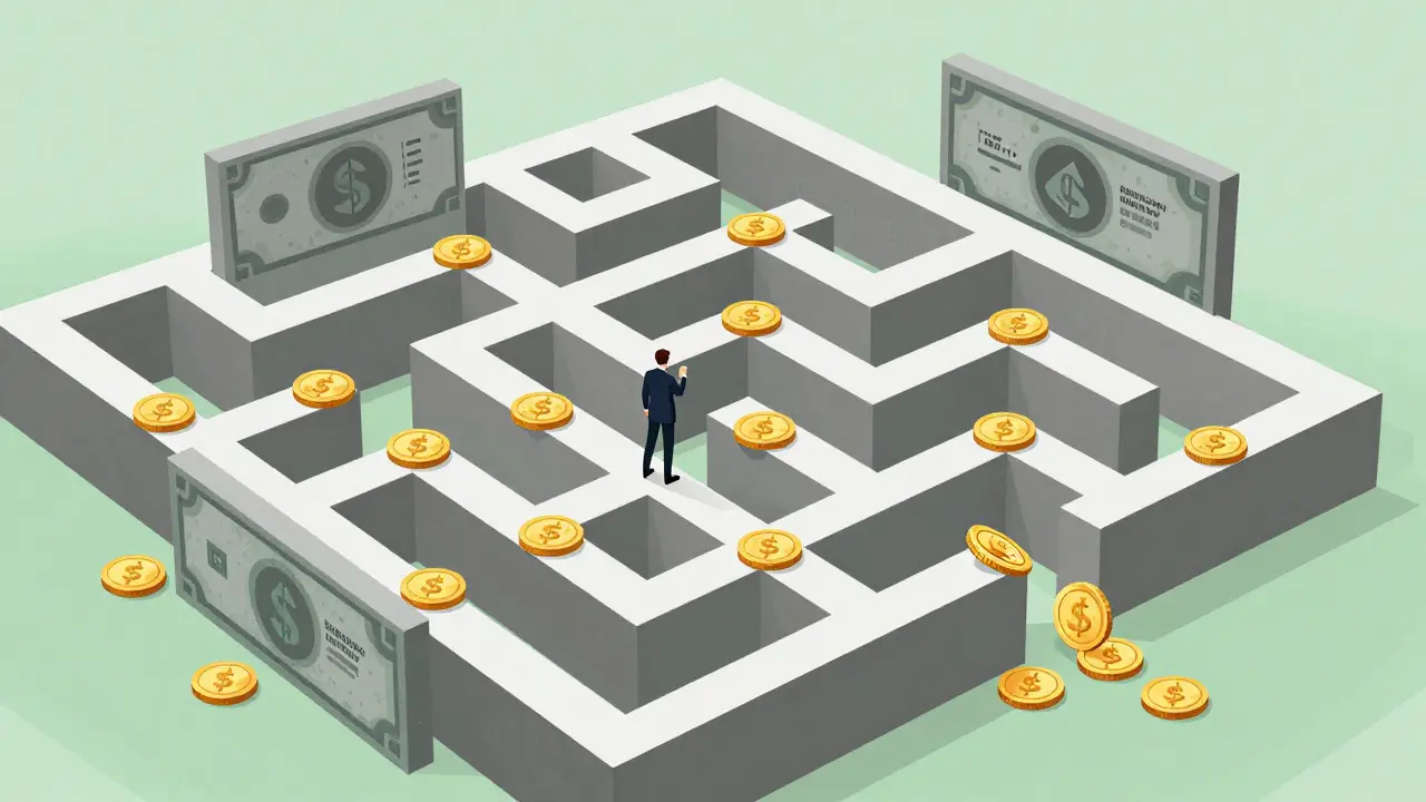 Metaphorisches Labyrinth aus Geld und Stempeln für Bürokratie