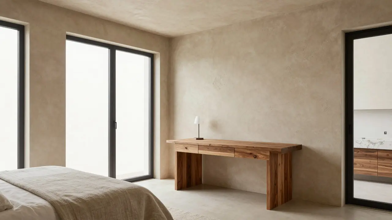 Modern-rustikales Interieur mit Holz, Stein und Leinen Textilien