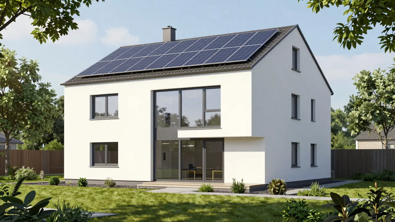 Modernisiertes Effizienzhaus mit Solaranlage und neuer Fassade.