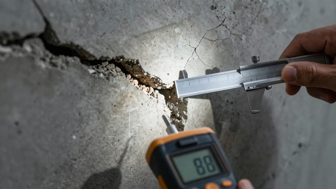 Nahaufnahme eines Risses im Fundament mit Messgerät zur Prüfung der Breite
