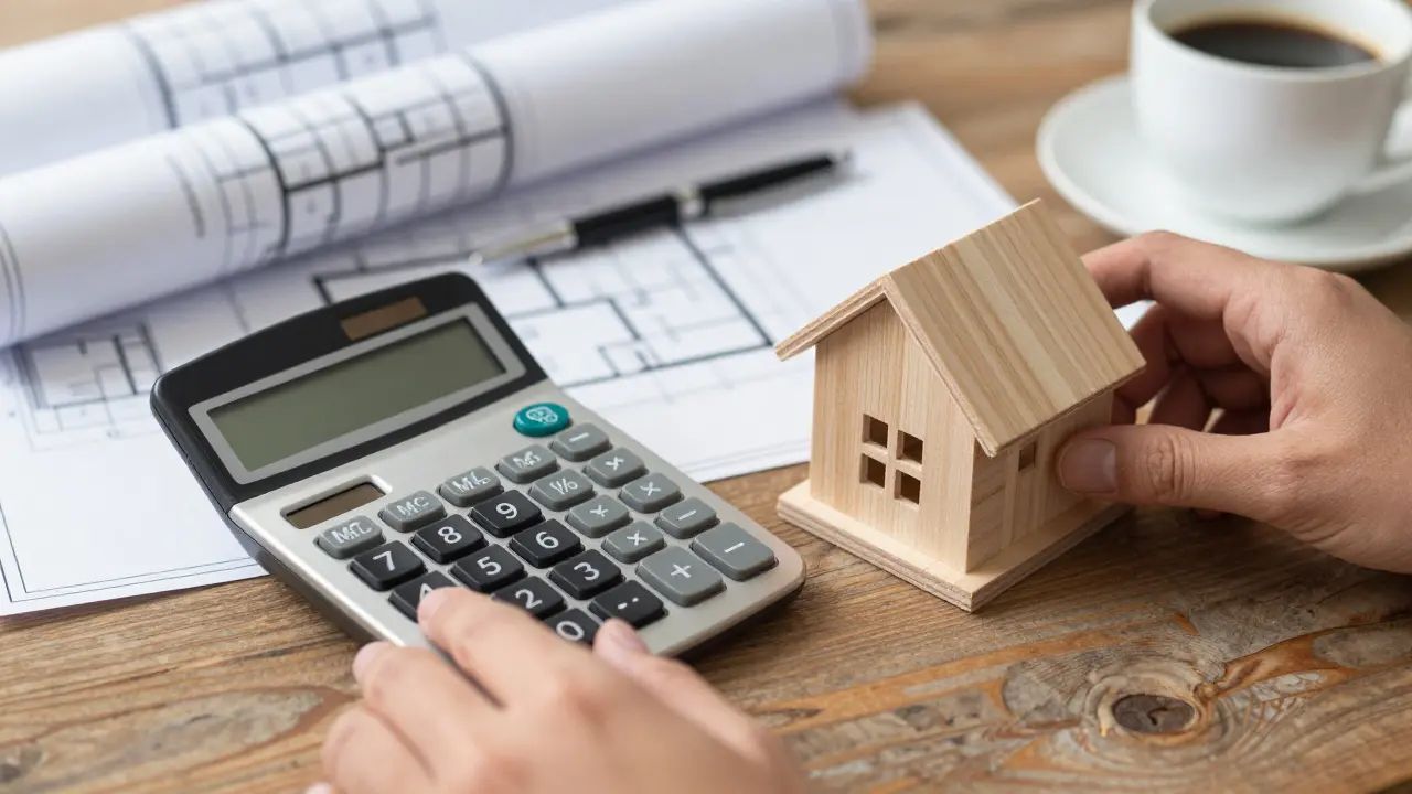 Nahaufnahme von Rechner und Hausmodell auf Schreibtisch bei Immobilienanalyse