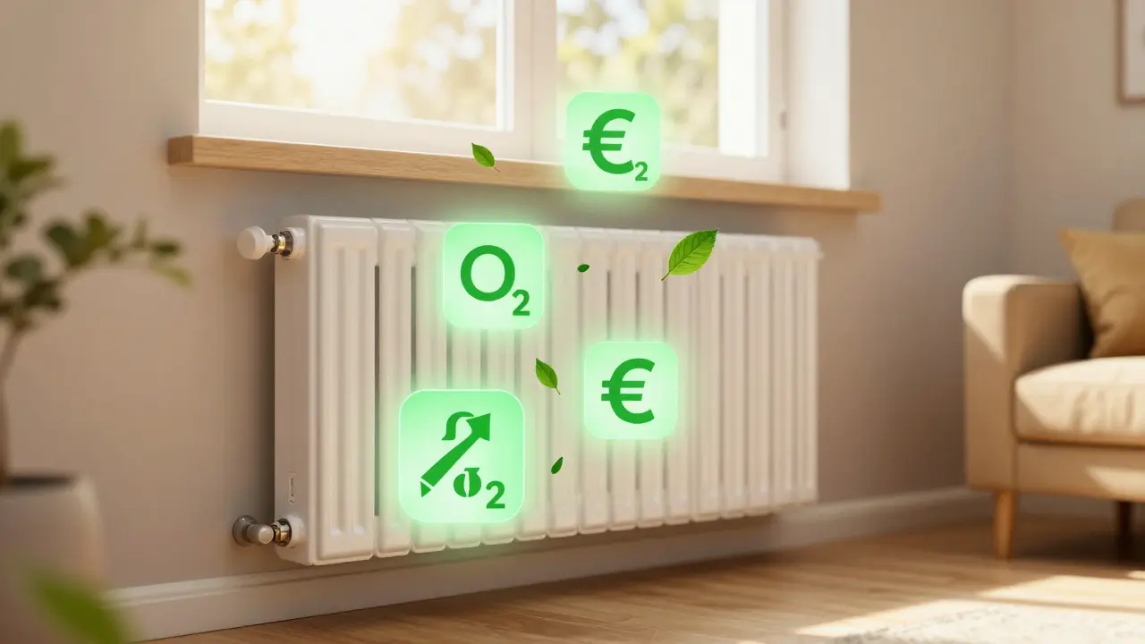 Neuer Heizkörper mit Symbolen für Förderung