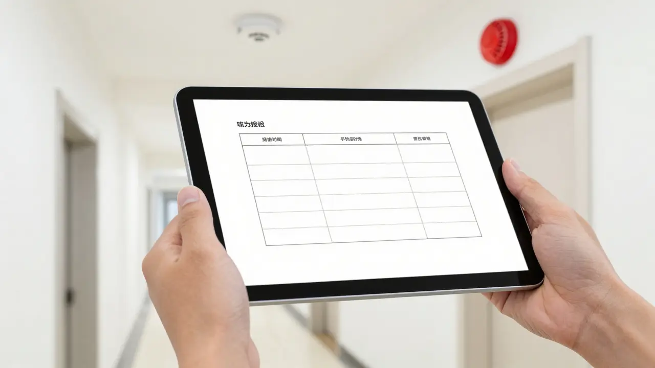 Prüfung der Fluchtwege mit Tablet in sauberem Flur