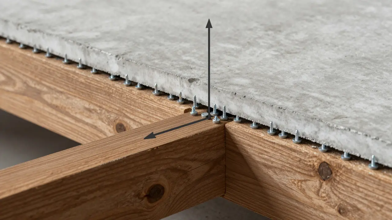 Querschnitt einer Holz-Beton-Verbunddecke mit sichtbaren Verbindungselementen