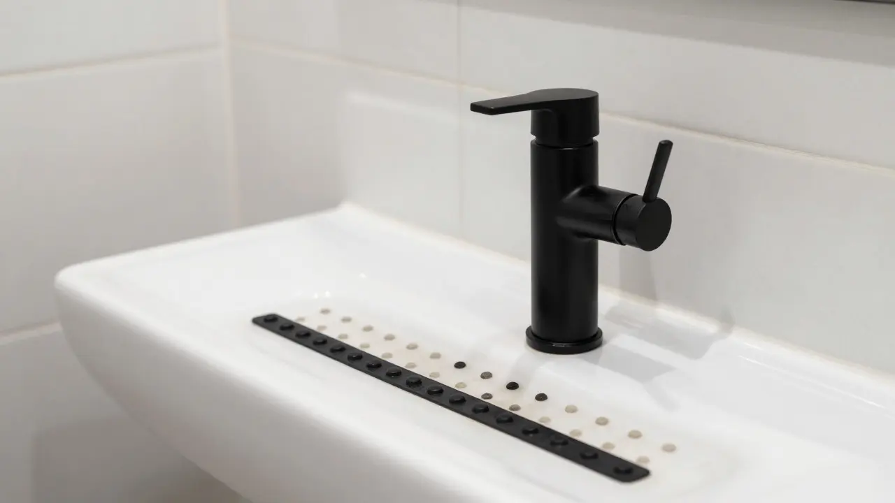 Schwarzer Wasserhahn auf weißem Waschbecken mit taktilem Bodenindikator im Vordergrund