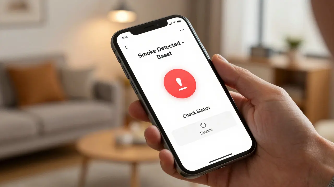 Smartphone zeigt Rauchwarnung der Smart-Home-App