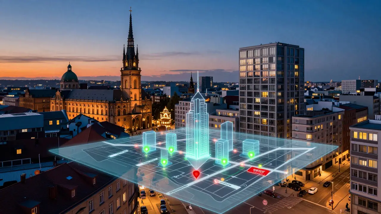 Stadtansicht mit holografischer Renditeanalyse der Gebäude